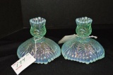 Pair Green Opalescent Candle Holders by Fenton