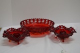 Red Pressed Glass, Basket Weave Pattern w/ Open Lace Edge Bowl and Matching