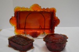 Red Pressed Glass Dresser Set: 2 Trinkets and Tray, Chip on Lid