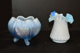 1 White/Blue Encased Hobnail Glass Crimped Edge Vase , 1Blue Carnival Crimp