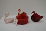 Swan Covered Red Dish, Red Open Back Swan Fenton Dish, Pink Opalescent Swan