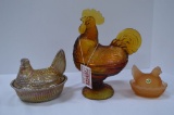Amber Rooster Dish, Gold Carnival Hen on Nest by Boyd, Small Hen on Nest -