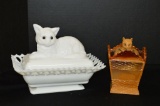 1 Opened Laced Edged Cat w/ Glass Eyes on Basket Westmoreland, 1 Slag Cover