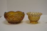 Crimped Amber Carnival Glass Daisy and Button Dish, Crimped Carnival Glass
