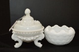 Milk Glass White Quilt Pattern Bowl and Shell Covered Candy w/ Dolphin Legs