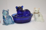 Group of Cat Figurines: 1 Cobalt Covered Cat in Basket, 1 Blue Carnival by