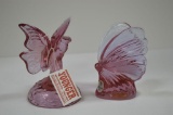 Pair of Pink Butterfly Figures: 1 Marked Fenton