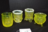 4 Vaseline Toothpick Holders 2 Opalescent Daisy and Button