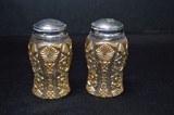 Pair Salt and Pepper Shakers - Clear and Gold Pressed Glass