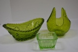 Group of Green Glass: Salt Shaker, Crackle Glass Vase and Pressed Glass Rel