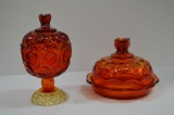 Amberina Covered Butter and Covered Candy Dish - Thumbprint Pattern