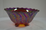 Red Carnival Footed Bowl Leaf Pattern by Imperial Glass 9