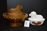 Amber Open Edge Lace Lion in a Basket Frosted Lid Imperial Glass 