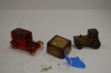 1 Amberina Truck by Boyd, 1 Brown Slag Tractor, 1 Brown Boyd Paperweight