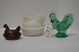 Group  of Glass Chicks: White Hen on Nest, Small Brown Slag Hen in Nest by