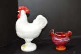 1 Red Slag Rooster Toothpick Holder by Imperial Glass, 1 White/Red Comb Roo