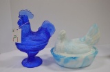 1 Clear Blue Rooster Dish, 1 Blue Slag Hen on Nest by Kanawha