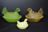 3 Hens on Nest: 1 Green Frosted, 1 Yellow Frosted, Mini Yellow Milk Glass b
