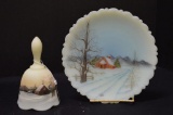 Hand painted and Signed Custard Fenton Bell and Plate