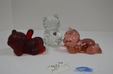3 Glass Bear: 1 Clear w/ Purple Heart, 1 Clear Pink, 1 Frosted Red