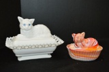 1 White Open Lace Edge Cat on Basket w/ Glass Eyes by Westmoreland, 1 Orang