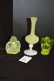 1 Vaseline Fenton Hand painted and Signed, 1 Mini Yellow and White Vase 7