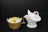 1 Basket w/ Chicks and Eggs - Han painted, 1 White Basket w/ Hen by Westmor