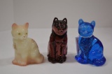 3 Cat Paperweights: Hand painted and Signed Fenton, 1 Clear Purple 