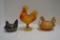 Gold Carnival Hen on Nest, Standing Rooster on Log Dish Green Carnival Hen