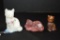 3 Cat Figurines: 1 Custard Hand painted and Signed, 1 Pink Frosted Hand pai
