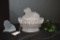 2 Lion Figurines  Green and Frosted: 1 Open Lace Edged Lion Dish on Nest Fr