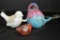 3 Bird Paperweights: 1 Small Pink Carnival, 1 White Hand painted by Fenton,