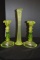 Pair of Vaseline Candle Sticks and Crimped Edge Stretch Vase 12