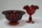 1 Red Fenton Thumbprint Ruffled Edge Footed Candy Dish, 1 Red Crimped Edge