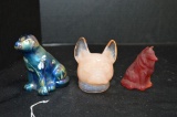 3 Dog Figures: 1 Hand painted Fenton, 1 Glass Hood Ornament