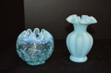 Blue Custard Pumpkin by Fenton Vase and Crimped Opalescent Rose Vase