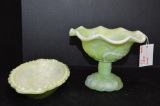 Green Slag Ruffled Edge Compote and Portrait Dish by Imperial
