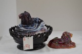 Slag Imperial Glass Open Lace Edge Lion in Basket, Carnival Lion Figure w/