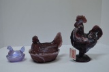 1 Purple Slag Rooster, 1 Slag Hen on Nest, 1 Carnival Hen on Nest