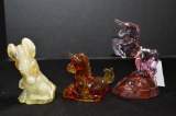 1 Slag Donkey, 1 Amberina Unicorn, 1 Fenton Pink Unicorn Figurines