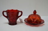1 Red Strawberry 2 Handled Vase, 1 Red Flower Covered Butter Dish