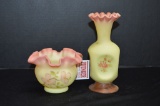 Burmese Hand painted and Signed Ruffled Edge Vases