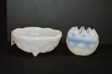 1 Opalescent Coin Dot Crimped Vase, 1 Milk Glass Footed Bowl