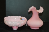 1 Pink Flower Bowl by Fenton, 1 Pink Custard Ruffled Edge Vase