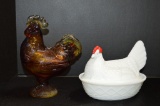 Amberina Footed Rooster Dish, 1 White, Red Head Hen on Nest by Westmoreland
