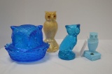 1 Blue Owl Candy Dish, 1 Yellow Luster Owl Figurine w/ Glass Eyes by Westmo