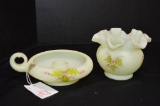 Fenton Hand painted and Signed Candle Holder and Ruffled Edge Vase