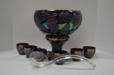 Smith Glass Co. Grape and Leaf Punch Bowl w/ Stand, 12 Cups and Glass Ladle