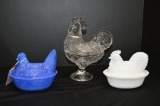 Clear Crystal Standing Rooster, 2 Hens on Nest by Westmoreland