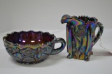 Smith Glass Carnival Handled Bowl and Carnival Fenton Creamer